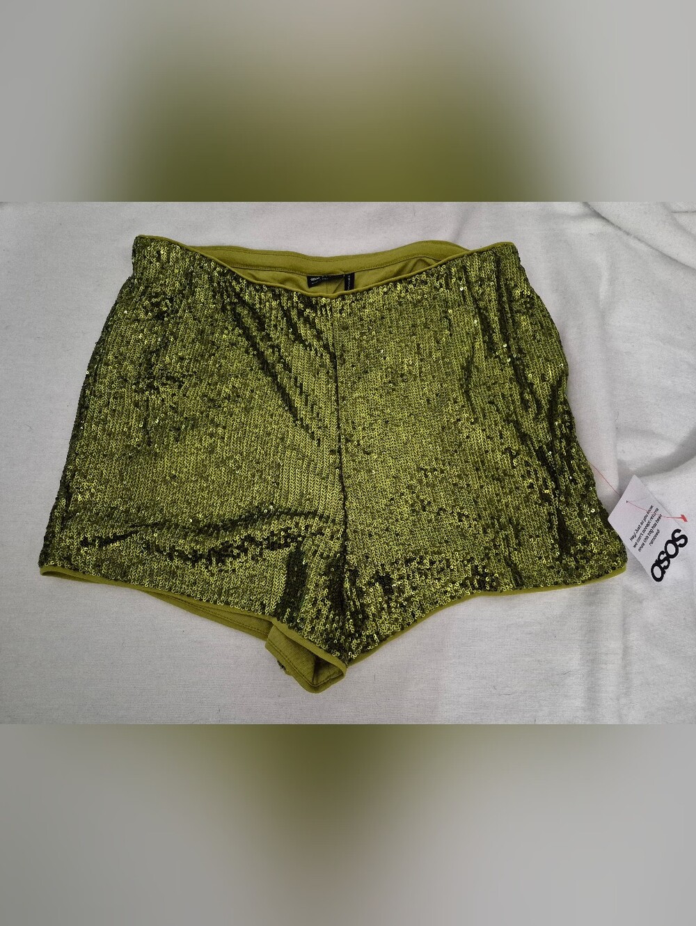 ASOS DESIGN Sequin Mini Shorts in Olive Size 12 Branson Show